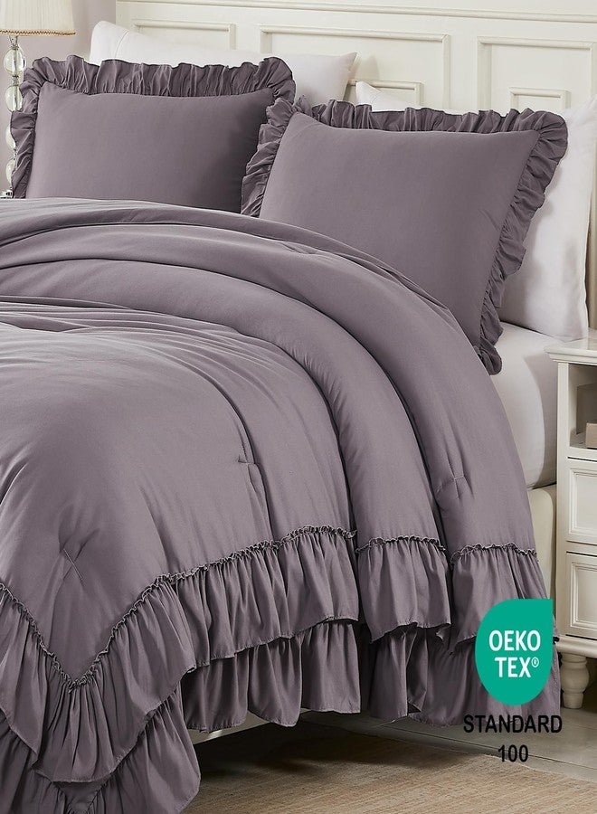 Cupocupa Purple Pink Comforter Set Queen, 3Pcs Comforters Queen Size Ruffle Farmhouse Bedding Sets Queen with Comforter, Lightweight Soft Shabby Chic Bedding Comforter Set Fluffy for All Season - Image 4