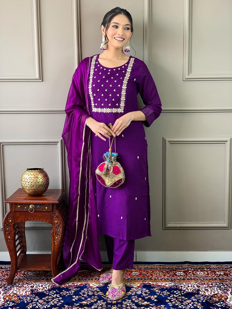 Naixa Women's Violate Rayon Slub Embroidered Straight Kurta with Rayon Slub Pant and Chinon Laced Dupatta Sets (NX3-M-Pragati-Violate-XL) - Image 5