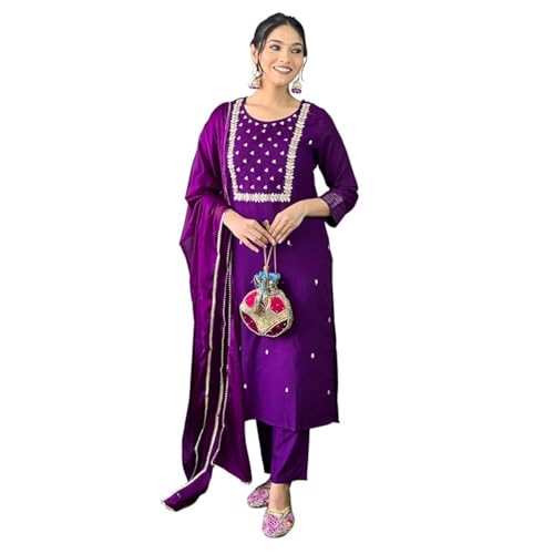 Naixa Women's Violate Rayon Slub Embroidered Straight Kurta with Rayon Slub Pant and Chinon Laced Dupatta Sets (NX3-M-Pragati-Violate-XL) - Image 1