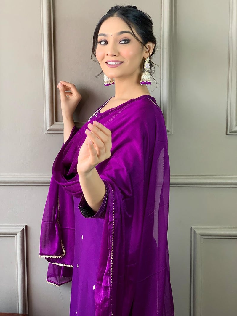 Naixa Women's Violate Rayon Slub Embroidered Straight Kurta with Rayon Slub Pant and Chinon Laced Dupatta Sets (NX3-M-Pragati-Violate-XL) - Image 3
