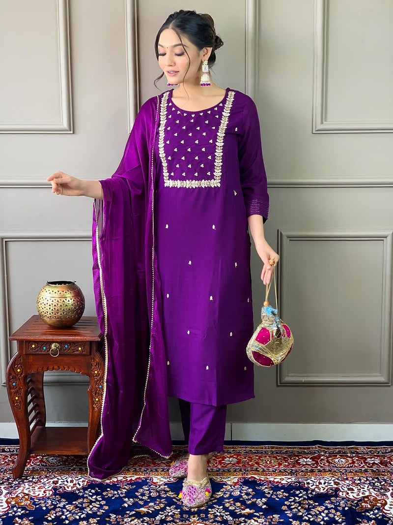 Naixa Women's Violate Rayon Slub Embroidered Straight Kurta with Rayon Slub Pant and Chinon Laced Dupatta Sets (NX3-M-Pragati-Violate-XL) - Image 2