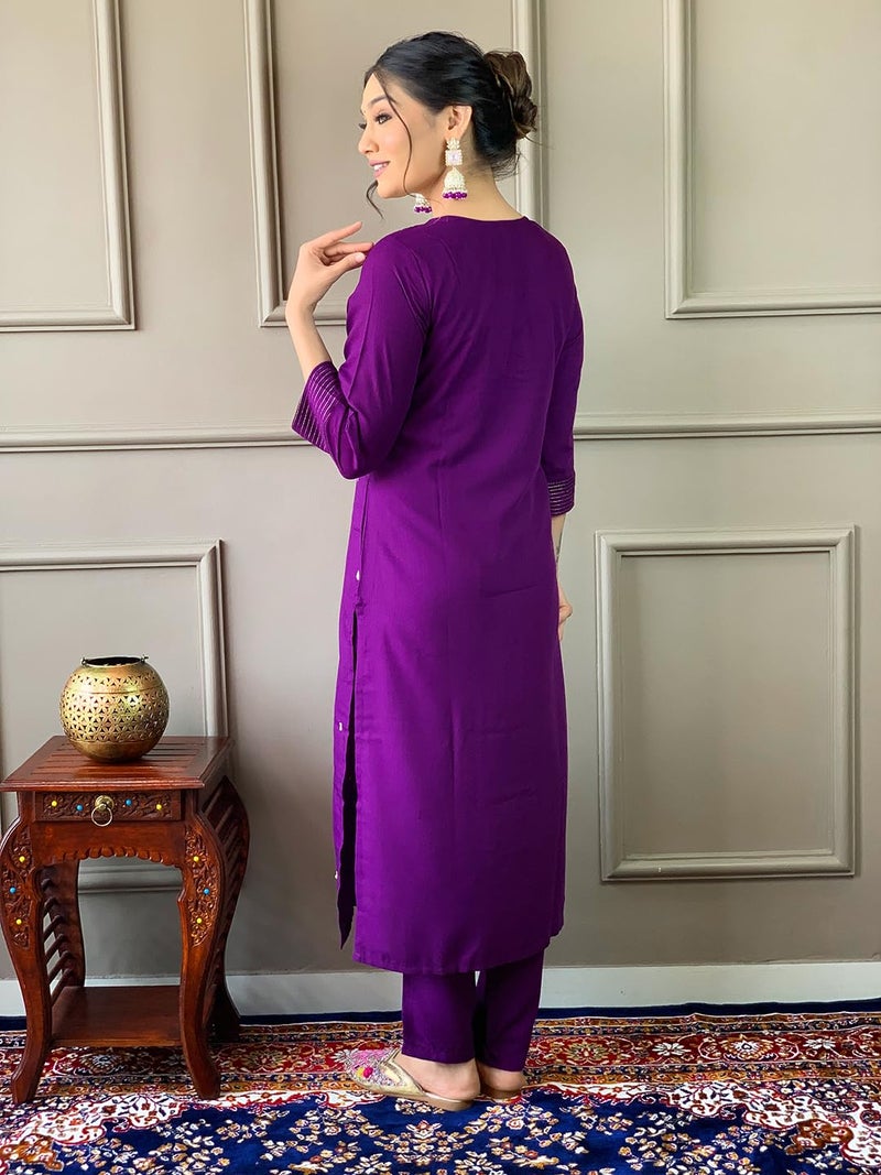 Naixa Women's Violate Rayon Slub Embroidered Straight Kurta with Rayon Slub Pant and Chinon Laced Dupatta Sets (NX3-M-Pragati-Violate-XL) - Image 4