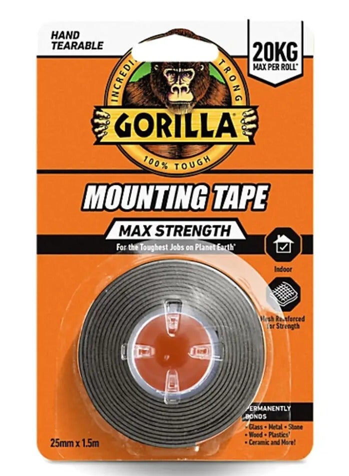 Gorilla Max strength Black Mounting Tape (L)1.5m (W)25mm - Image 1