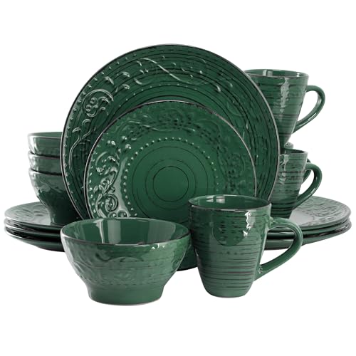 Elama Malibu Sea Glass 16-Piece Stoneware Embossed Pattern Reactive Glaze Dark Green Dinnerware Set, Tableware, Serveware Set (Sea Glass Green) - Image 1