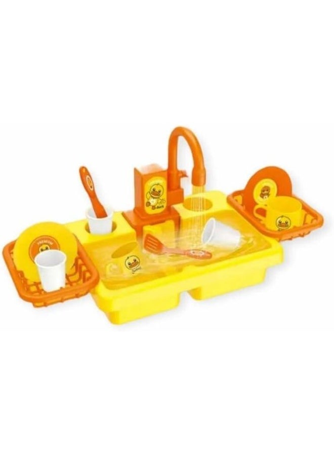 MUMS PLANET Kids Kitchen Sink Toy with Running Water - 19 Pcs Pretend Play Dish Washer Playset with Automatic Faucet, Utensils, and Drying Racks (Yellow Duck Theme). - Image 1
