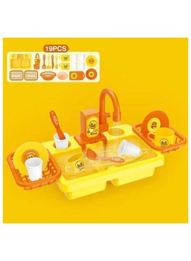 MUMS PLANET Kids Kitchen Sink Toy with Running Water - 19 Pcs Pretend Play Dish Washer Playset with Automatic Faucet, Utensils, and Drying Racks (Yellow Duck Theme). - Image 2