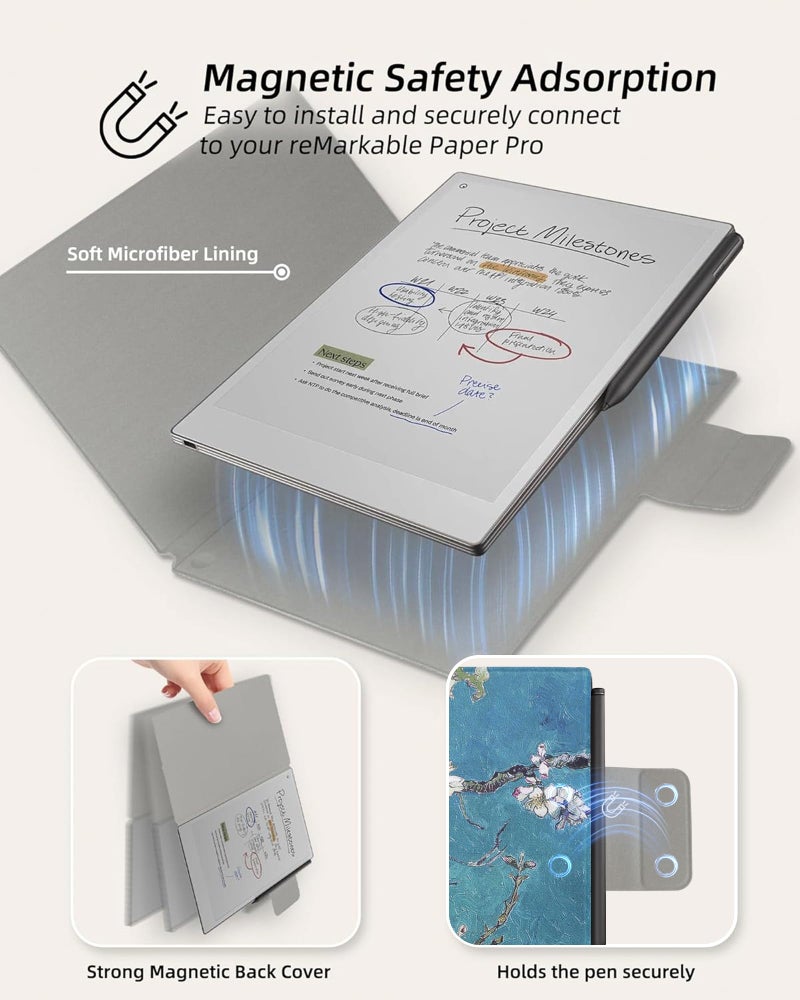 WALNEW Case for 11.8" Remarkable Paper Pro Tablet (2024 Released), Auto Sleep/Wake Protective Cover with Pen Clasp, Magnetic Slim Book Folio Cover for Remarkable Paper Pro (Tree and Flower) - Image 3