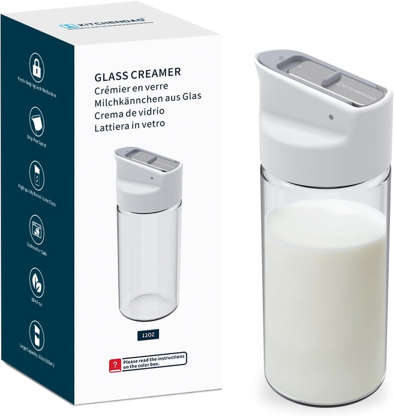 KITCHENDAO Glass Creamer with Fresh-Keeping Lock Mechanism, Drip-free Spout, 12 oz Milk Pitcher with Lid, Borosilicate Glass Creamer Container, Dishwasher Safe - Image 1