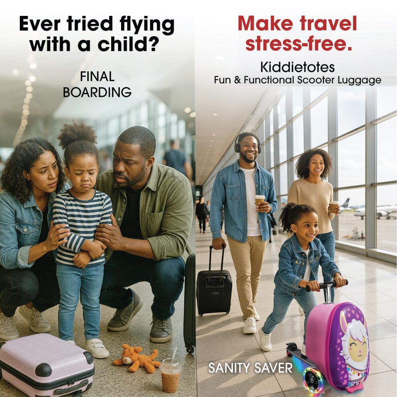 KIDDIETOTES Ride-On Scooter Suitcase for Kids â€“ Hardside Lightweight Carry-On Luggage with Foldable Scooter, LED Wheels, Travel Fun for Toddlers & Children - Image 3