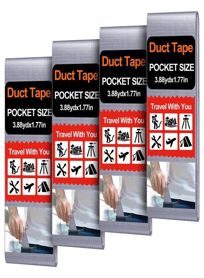 Innconee 4 Pack 1.77 in x 10 ft Travel Duct Tape Mini Pocket Size Flat Roll Flexible Heavy Duty Waterproof Tear by Hand for Repair Outdoor Emergency Gear EDC DIY Craft Camping Hiking (Silver) - Image 1