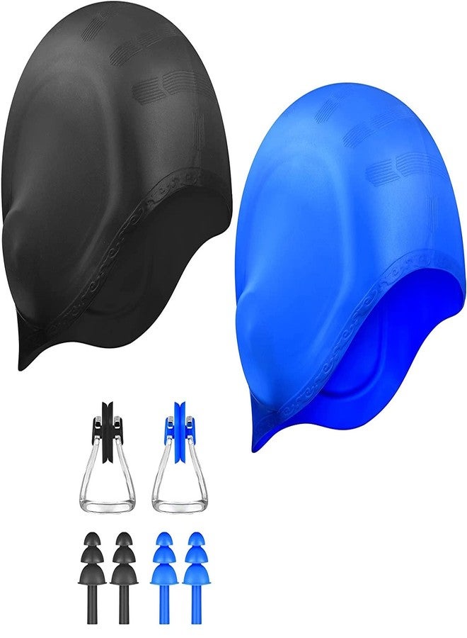 Spanker Unisex Swim Caps with 3D Ear Protection,Silicone Swimming Hats for Women Men Kids Adults Pack of 2 (Blue and Black Combo) with Ear and Nose Protection Set SSTP - Image 1