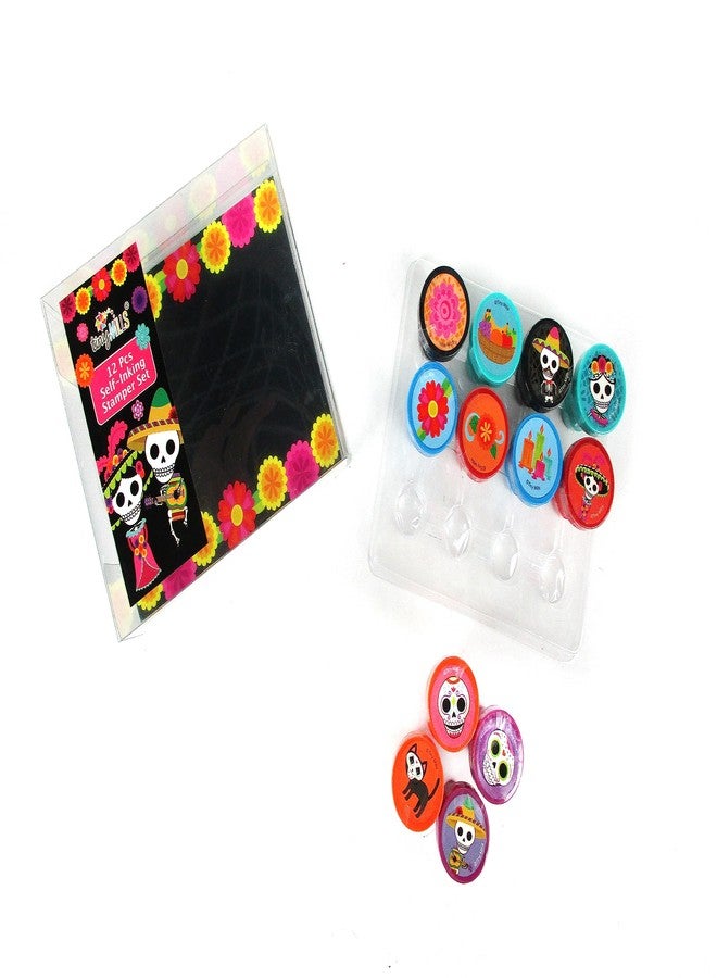 TINYMILLS 12 Pcs Sugar Skulls Stamp Kit for Kids - Day of The Dead Dia de Los Muertos Self Inking Stamps Gift Party Favors - Image 3