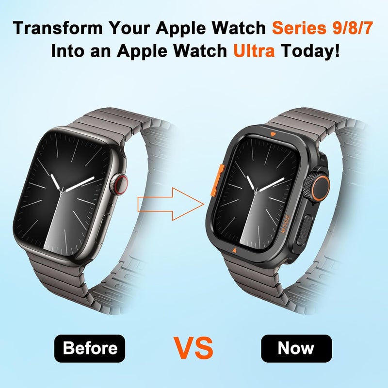 Suphart Metal Bumper Cover Compatible with Apple Watch Series 9/8/7 Case, [Turn 45mm into Ultra Look] Rugged Shockproof Protector with Back Frame for iWatch 45mm, Black - Image 4