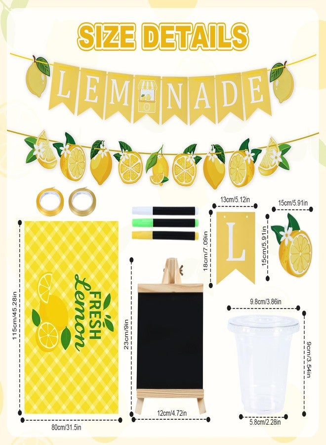 DASHUAIGE Lemonade Stand Supplies Set, 50 Pcs Lemonade Cups with Lids and Straws, 2 Pcs Kids Lemon Aprons with 2 Chef Hats, Wooden Blackboard with Chalks Banners Tablecloth Stickers for Summer Lemon Party Decor - Image 2
