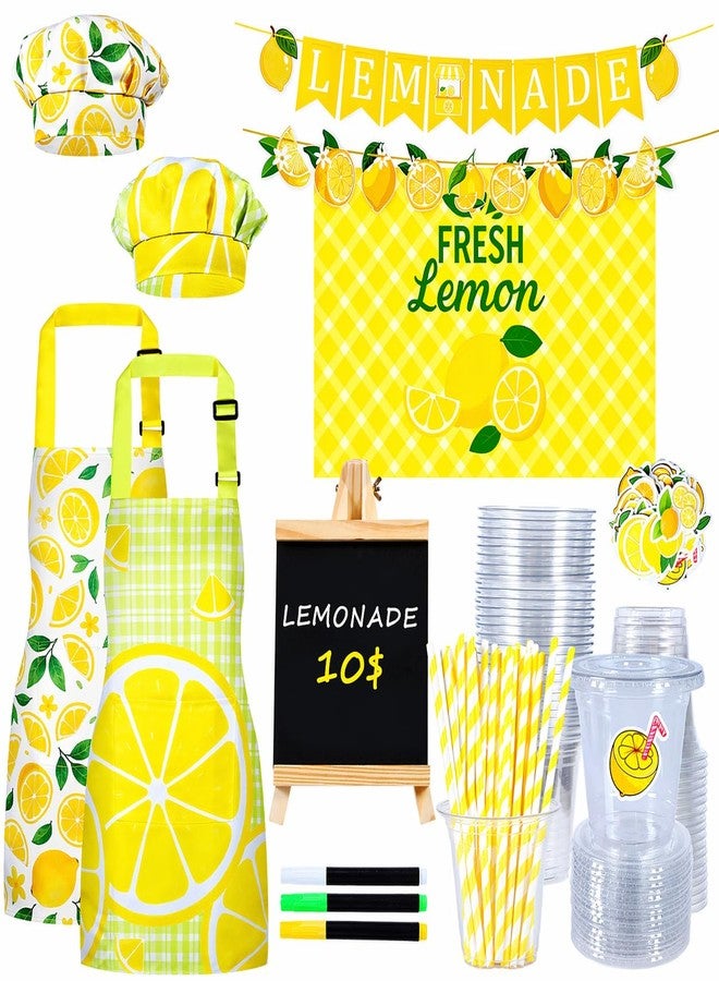 DASHUAIGE Lemonade Stand Supplies Set, 50 Pcs Lemonade Cups with Lids and Straws, 2 Pcs Kids Lemon Aprons with 2 Chef Hats, Wooden Blackboard with Chalks Banners Tablecloth Stickers for Summer Lemon Party Decor - Image 1