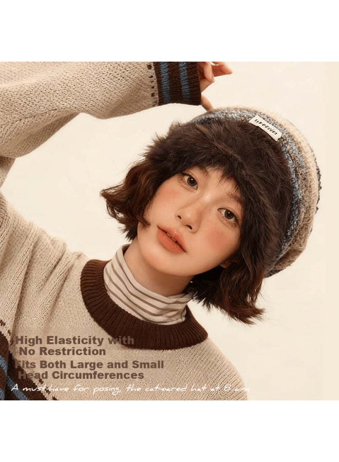 Ousen Winter Women's Warm Maillard Pile Knit Hat American Retro Plush Beanie Large Head Cirference Slim Face Cold Hat - Image 2