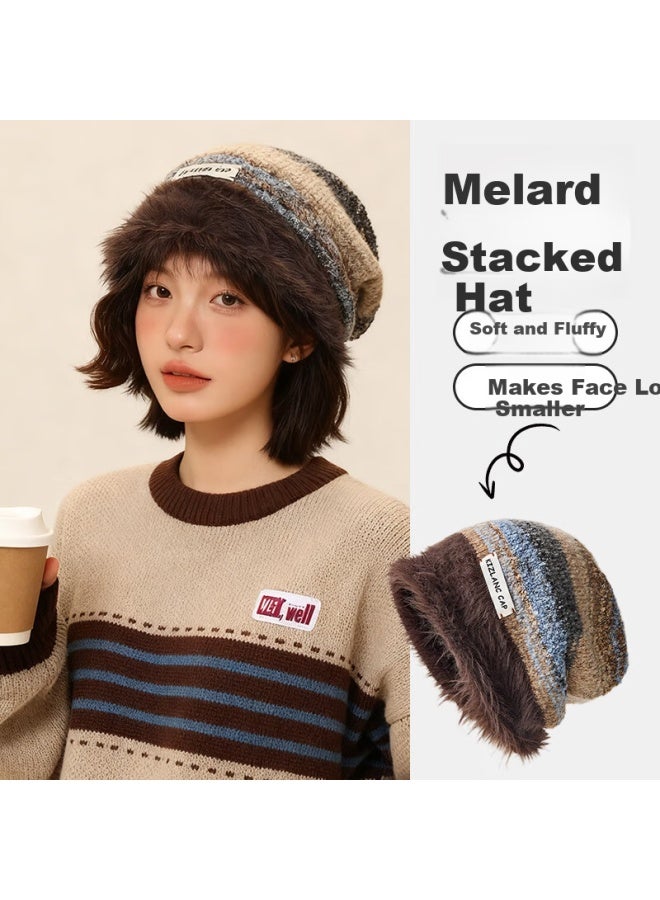 Ousen Winter Women's Warm Maillard Pile Knit Hat American Retro Plush Beanie Large Head Cirference Slim Face Cold Hat - Image 1