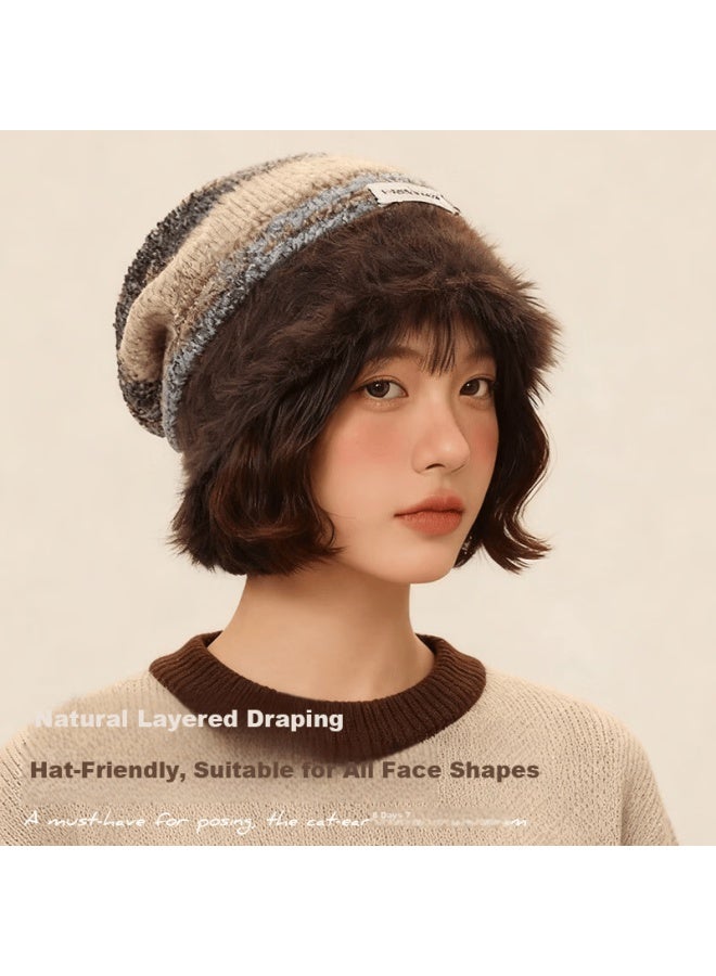 Ousen Winter Women's Warm Maillard Pile Knit Hat American Retro Plush Beanie Large Head Cirference Slim Face Cold Hat - Image 3