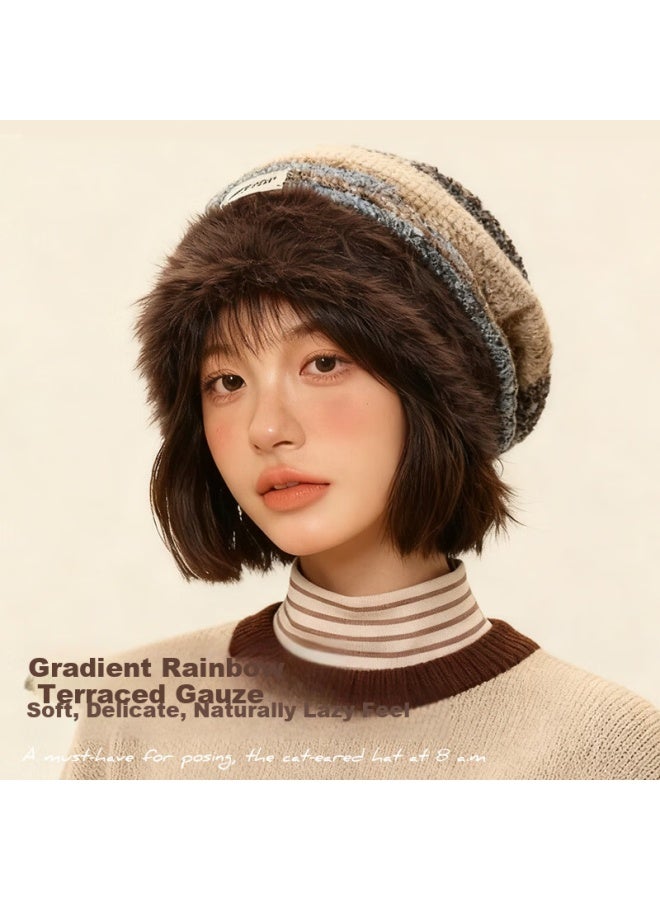 Ousen Winter Women's Warm Maillard Pile Knit Hat American Retro Plush Beanie Large Head Cirference Slim Face Cold Hat - Image 4