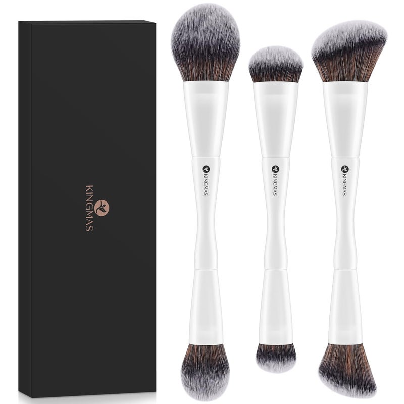 KINGMAS 3Pcs Foundation Makeup Brush Set, Double-ended Kabuki Brush, Large Foundation Brush Medium Concealer Brush Small Contour Brush for Liquid, Cream, Powder, Blending Buffing Face Makeup Tools - Image 1