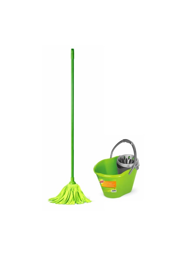 Scotch Brite CSC Green Bucket with Wringer/Squeezer + Floor mopt with stick Free, bucket size: 26 cm x 32.6 cm x 13 cm, Green color. 1 set/pack - Image 1