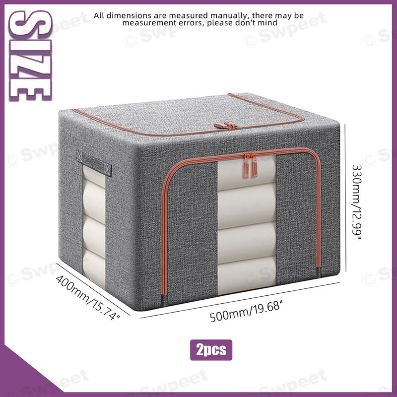 Swpeet 2 Pack Dark Grey 66L Approx 19.7"×15.7"×13.0" Metal Frame Stackable Closet, Foldable Storage Bins, Cloth Storage Bag Organizer with Carrying Handles, Clear Window, 2 Open Window, Double Zipper - Image 2