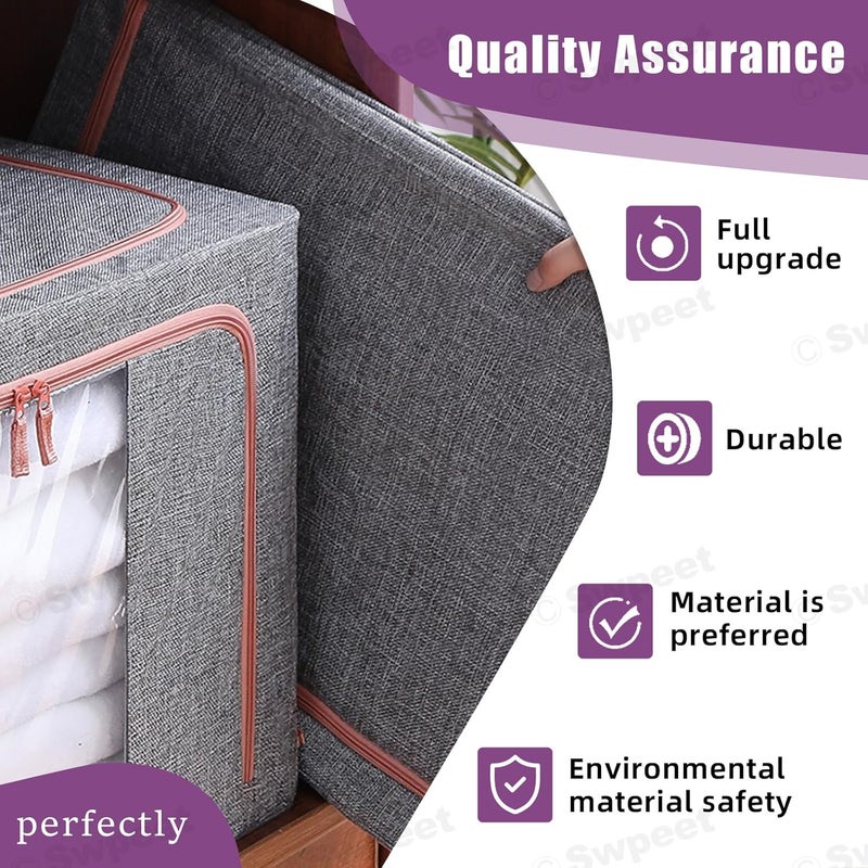 Swpeet 2 Pack Dark Grey 66L Approx 19.7"×15.7"×13.0" Metal Frame Stackable Closet, Foldable Storage Bins, Cloth Storage Bag Organizer with Carrying Handles, Clear Window, 2 Open Window, Double Zipper - Image 5
