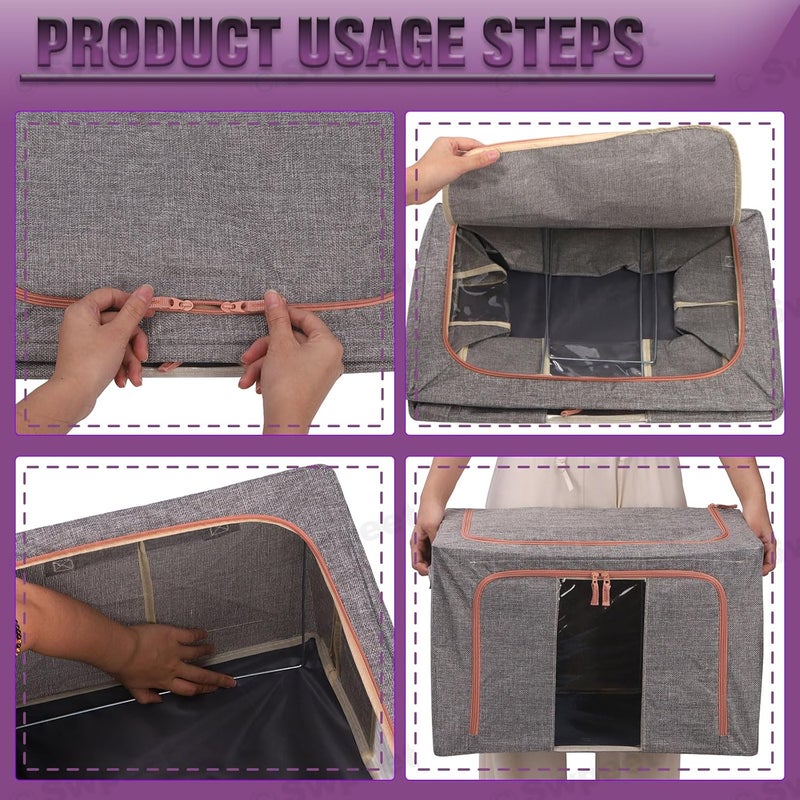 Swpeet 2 Pack Dark Grey 66L Approx 19.7"×15.7"×13.0" Metal Frame Stackable Closet, Foldable Storage Bins, Cloth Storage Bag Organizer with Carrying Handles, Clear Window, 2 Open Window, Double Zipper - Image 3