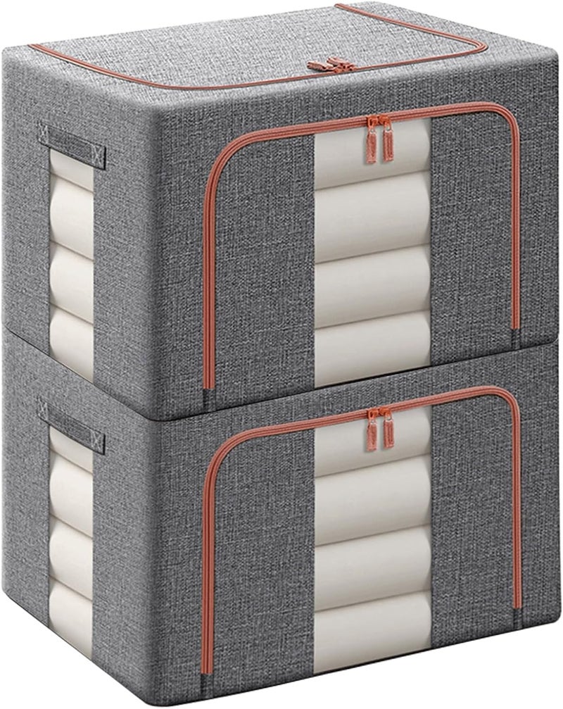 Swpeet 2 Pack Dark Grey 66L Approx 19.7"×15.7"×13.0" Metal Frame Stackable Closet, Foldable Storage Bins, Cloth Storage Bag Organizer with Carrying Handles, Clear Window, 2 Open Window, Double Zipper - Image 1