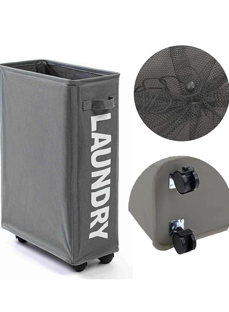 راكسوم سلة غسيل رفيعة دوارة مقاس 22 بوصة بمقبض على عجلات، سلة غسيل قابلة للطي، منظم وفرز ملابس قابل للطي، سلة تخزين طويلة، سلة غسيل كبيرة (رمادي غامق) - Image 1