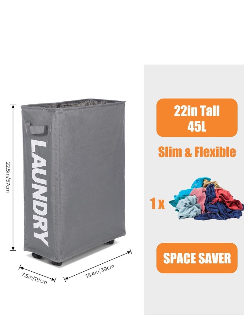 راكسوم سلة غسيل رفيعة دوارة مقاس 22 بوصة بمقبض على عجلات، سلة غسيل قابلة للطي، منظم وفرز ملابس قابل للطي، سلة تخزين طويلة، سلة غسيل كبيرة (رمادي غامق) - Image 3