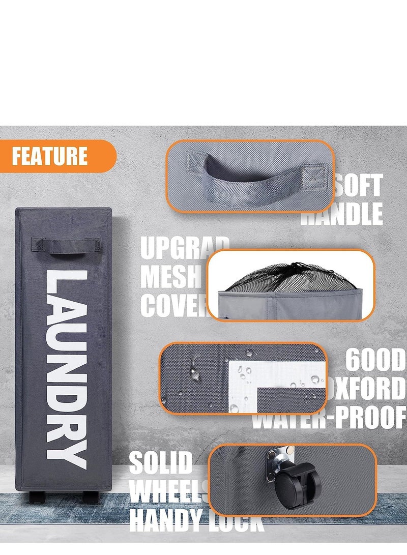 راكسوم سلة غسيل رفيعة دوارة مقاس 22 بوصة بمقبض على عجلات، سلة غسيل قابلة للطي، منظم وفرز ملابس قابل للطي، سلة تخزين طويلة، سلة غسيل كبيرة (رمادي غامق) - Image 4