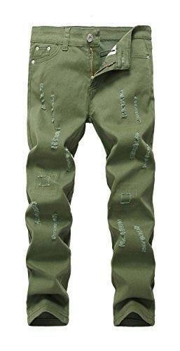 FREDD MARSHALL Boy's Army Green Skinny Fit Ripped Destroyed Distressed Stretch Patched Slim Jeans Pants - Image 1