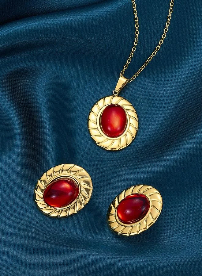 Take Two Gold-Plated Stainless Steel Necklace And Earrings Set With Burgundy Stone