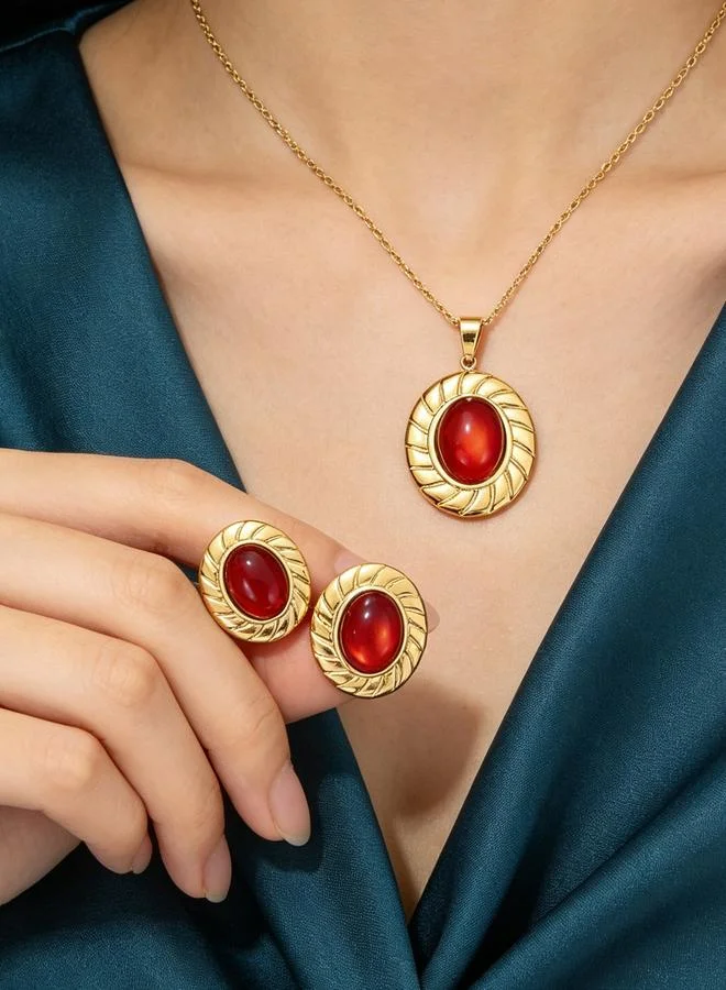 Take Two Gold-Plated Stainless Steel Necklace And Earrings Set With Burgundy Stone