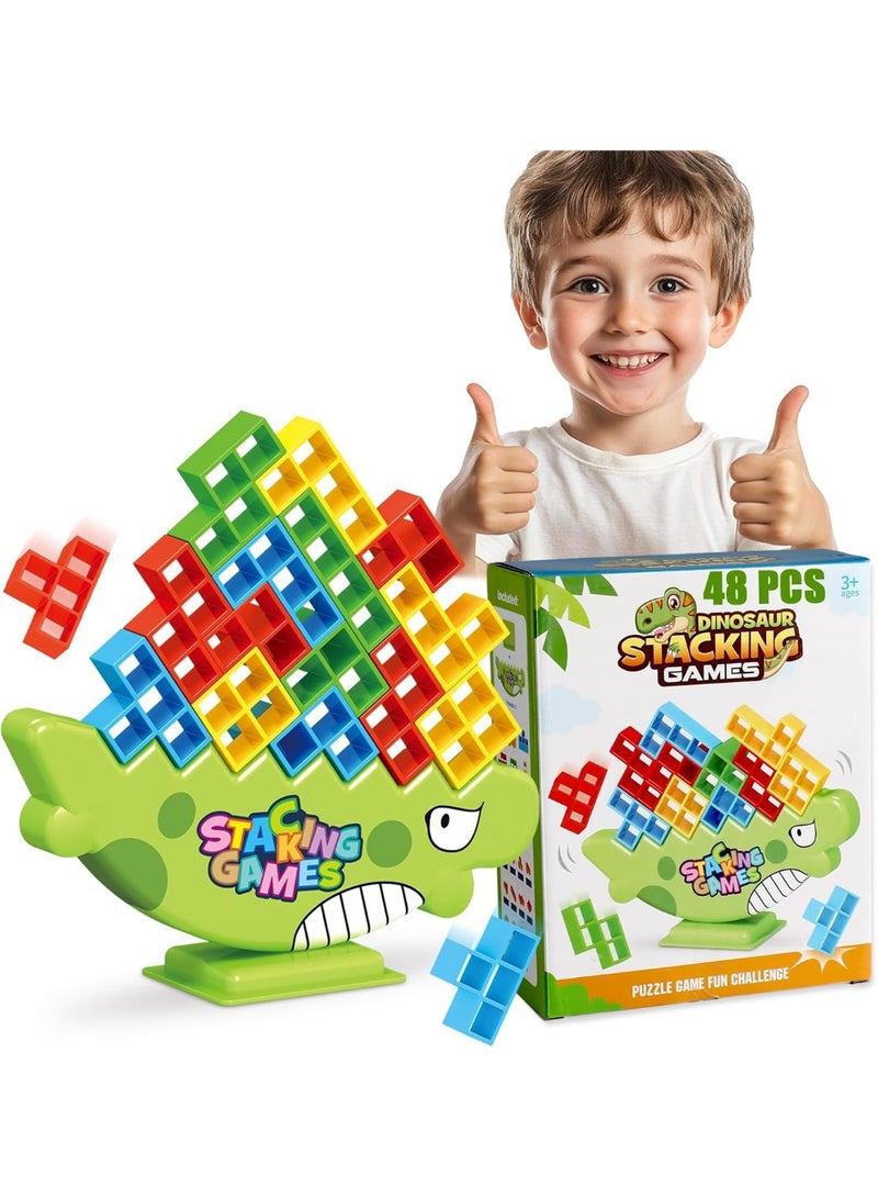 لعبة توازن وتكديس مكونة من 48 قطعة – قواعد على شكل ديناصور ومكعبات ملونة، لعبة جماعية للأطفال والكبار، تنمي الصبر والتنسيق الحسي - Image 1