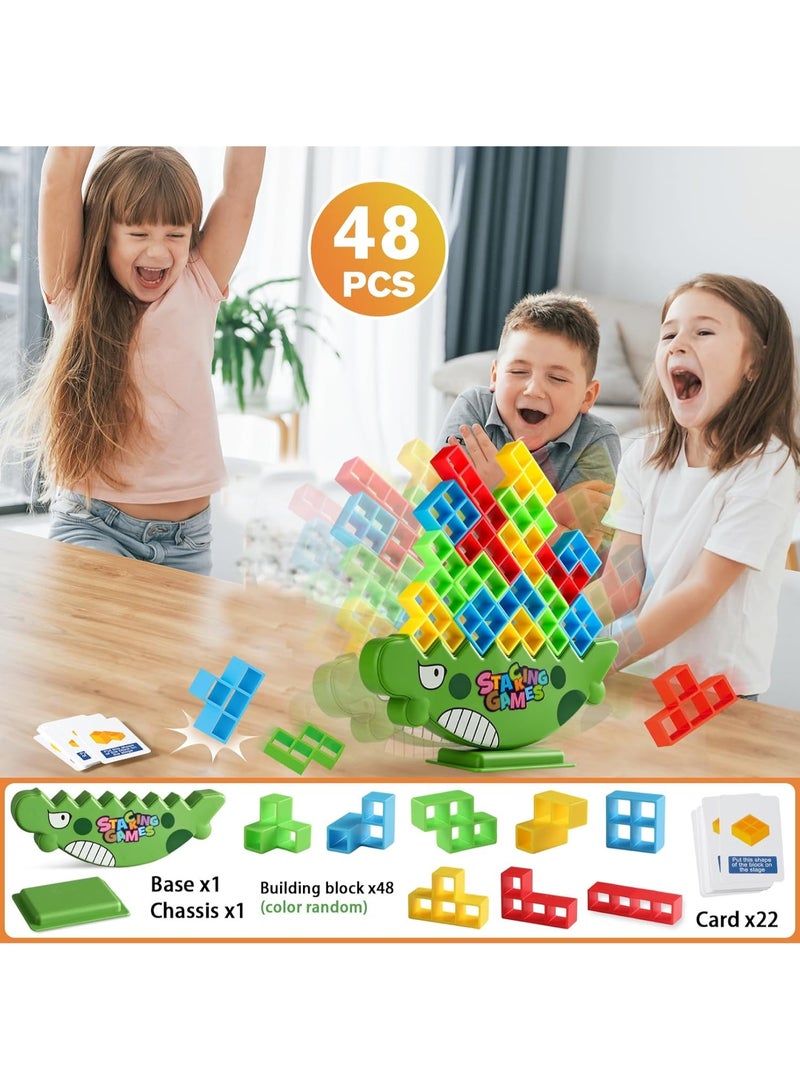 لعبة توازن وتكديس مكونة من 48 قطعة – قواعد على شكل ديناصور ومكعبات ملونة، لعبة جماعية للأطفال والكبار، تنمي الصبر والتنسيق الحسي - Image 2