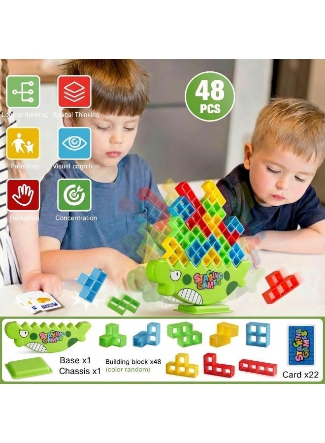 48Pcs Dinosaur Stacking Balance Game - Swing Stack High Building Blocks, Educational Montessori Toy for Kids, Parent-Child Interactive Desktop Tabletop Puzzle Game, Multi-Color Coordination & Logic Training Blocks - Image 2