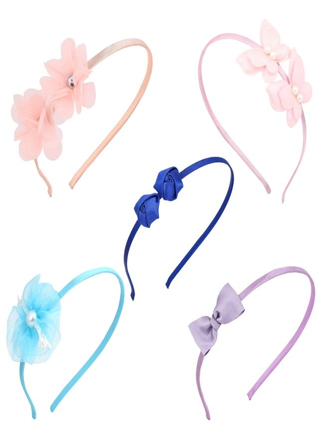 ANVIK (5pcs) Cute Stylish Fancy Satin Hairband Headband Head Band for Kids Girls/ Floral,Butterfly ,Bow lightweight comfortable Hair Accessories for Girls 3 to 12 years/ Hair Band for Parties/ Festival/Wedding/school/Birthday Gift for Girls - Image 1