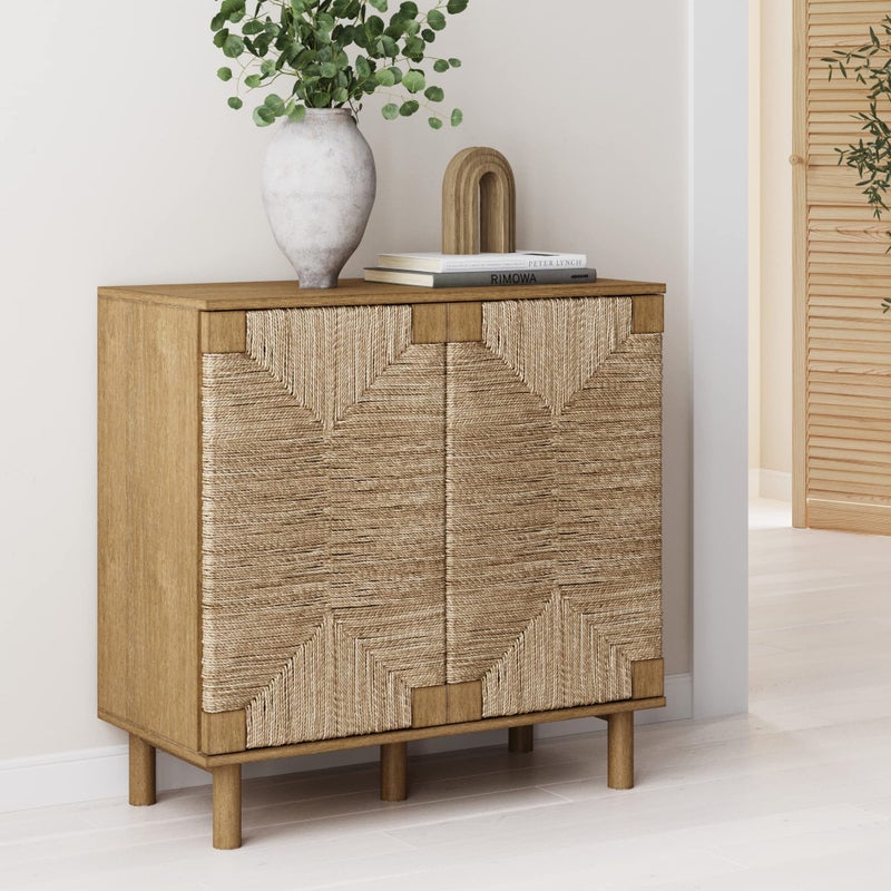 Nathan James Beacon Accent Natural Sideboard Storage Cabinet in Light Wood with Adjustable Interior Shelf and Seagrass Doors for Hallway Entryway or Dining Room Light Brown