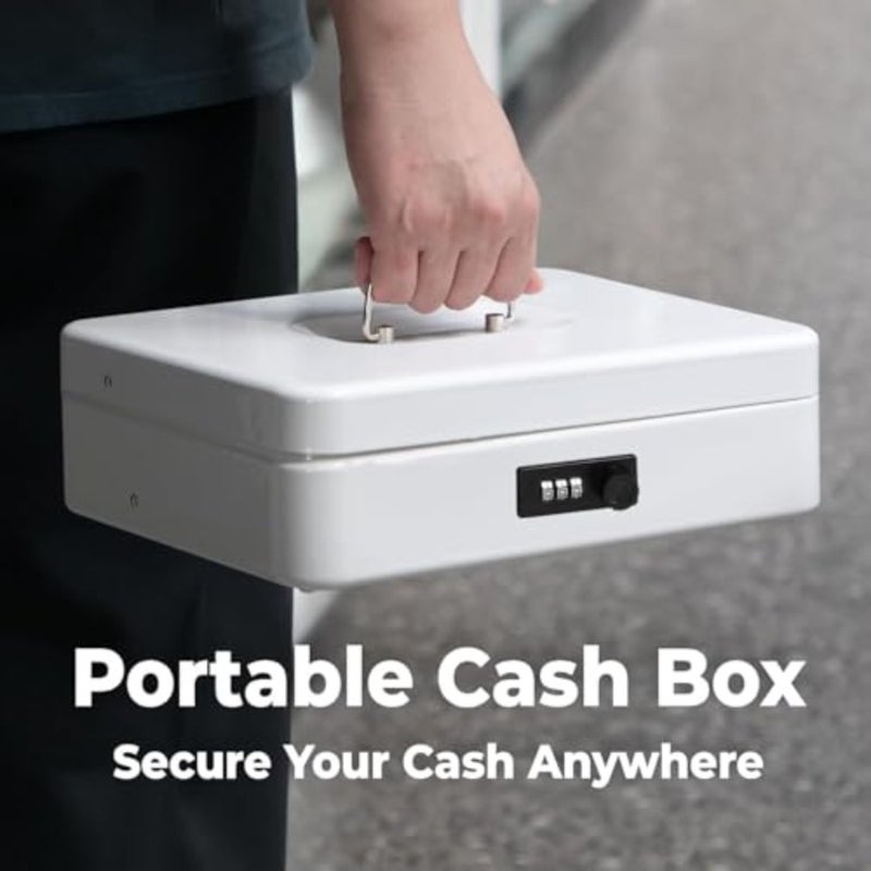 Large Cash Box with Key Lock, Metal Money Box for Cash, Portable Locking Safe Box with Money Tray, Durable Money Saving Organizer for Yard Sale, Garage Sale, Small Business, White - Image 5