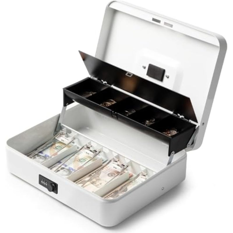 Large Cash Box with Key Lock, Metal Money Box for Cash, Portable Locking Safe Box with Money Tray, Durable Money Saving Organizer for Yard Sale, Garage Sale, Small Business, White - Image 1