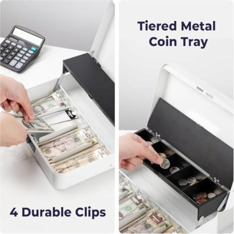 Large Cash Box with Key Lock, Metal Money Box for Cash, Portable Locking Safe Box with Money Tray, Durable Money Saving Organizer for Yard Sale, Garage Sale, Small Business, White - Image 4