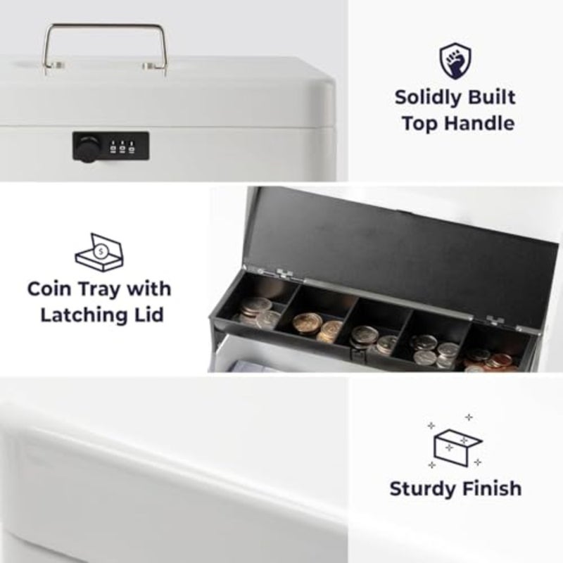 Large Cash Box with Key Lock, Metal Money Box for Cash, Portable Locking Safe Box with Money Tray, Durable Money Saving Organizer for Yard Sale, Garage Sale, Small Business, White - Image 2