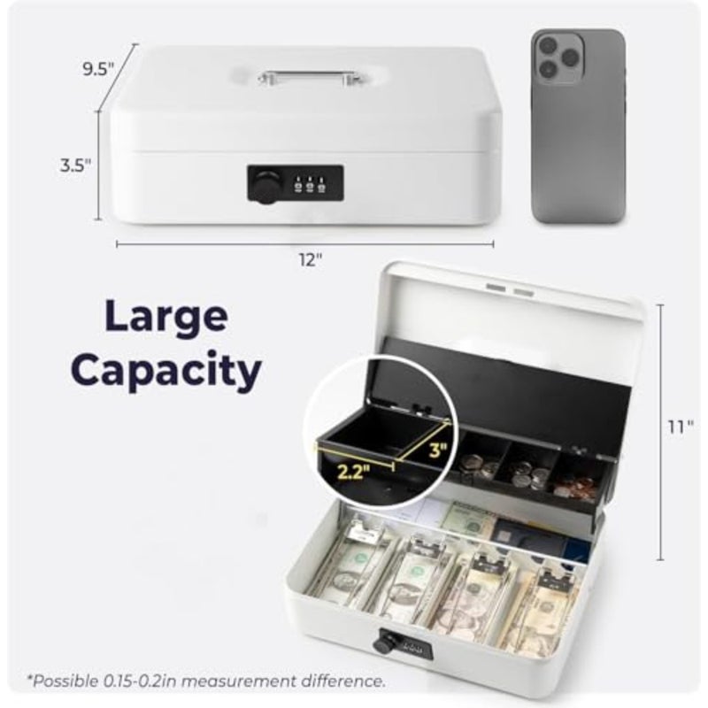 Large Cash Box with Key Lock, Metal Money Box for Cash, Portable Locking Safe Box with Money Tray, Durable Money Saving Organizer for Yard Sale, Garage Sale, Small Business, White - Image 3
