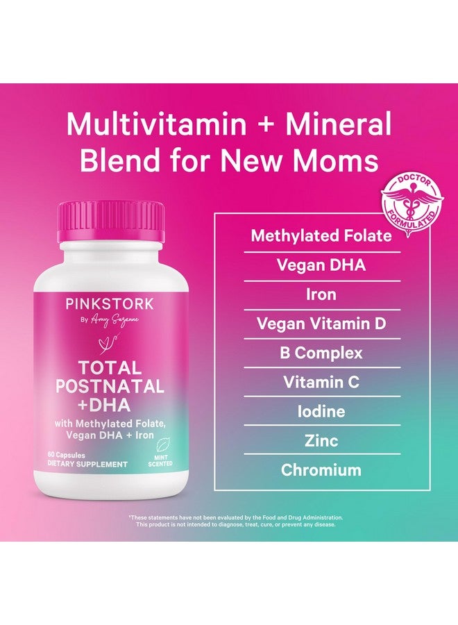 Pink Stork Total Postnatal Vitamins for Women - Mint Essenced Capsules with Vegan DHA, Iron, Folate, and Vitamin B12, Postpartum Recovery Essentials - 1 Month Supply - Image 2