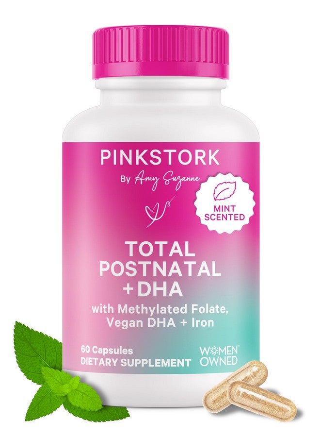 Pink Stork Total Postnatal Vitamins for Women - Mint Essenced Capsules with Vegan DHA, Iron, Folate, and Vitamin B12, Postpartum Recovery Essentials - 1 Month Supply - Image 1