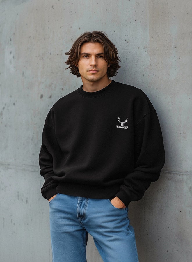 trendyol Black Oversize/Wide Cut Long Sleeve Animal Embroidered Sweatshirt - Image 1