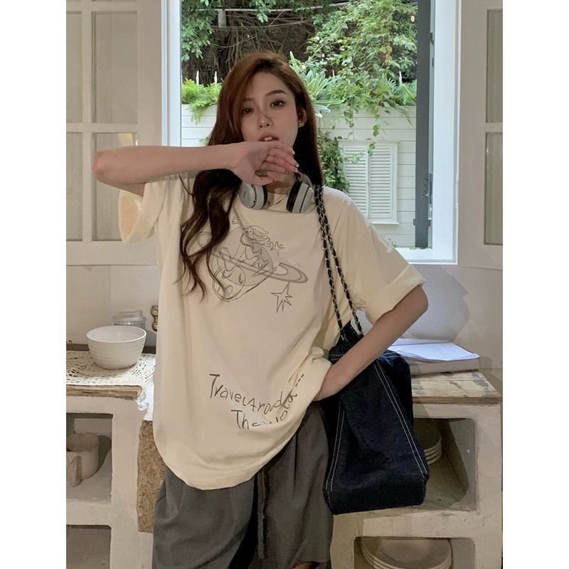 Lhh Apricot Rabbit Printed Short-Sleeved T-Shirt Women'S Summer Thin Korean Style Design Niche Loose Hong Kong Style Top - Image 4