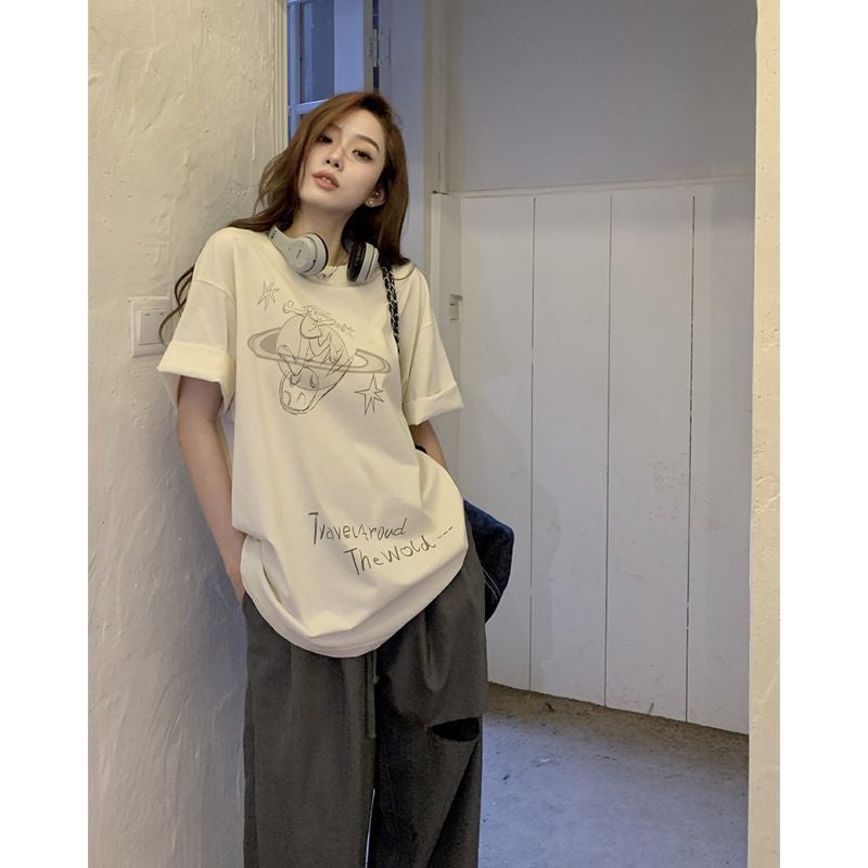 Lhh Apricot Rabbit Printed Short-Sleeved T-Shirt Women'S Summer Thin Korean Style Design Niche Loose Hong Kong Style Top - Image 5